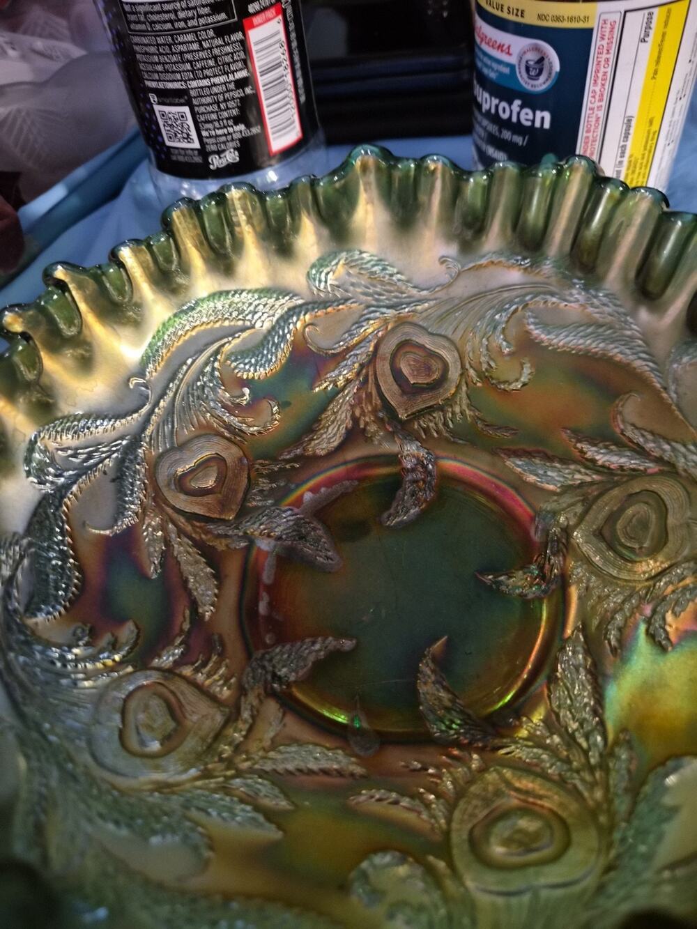 Vintage Northwood Olive Green Carnival Glass Ruffled Bowl with Iridescence Sheen